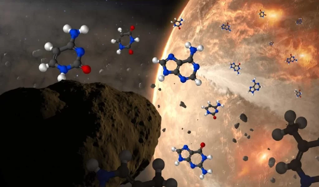 Rappresentazione di fantasia del ritrovamento delle basi azotate nei meteoriti