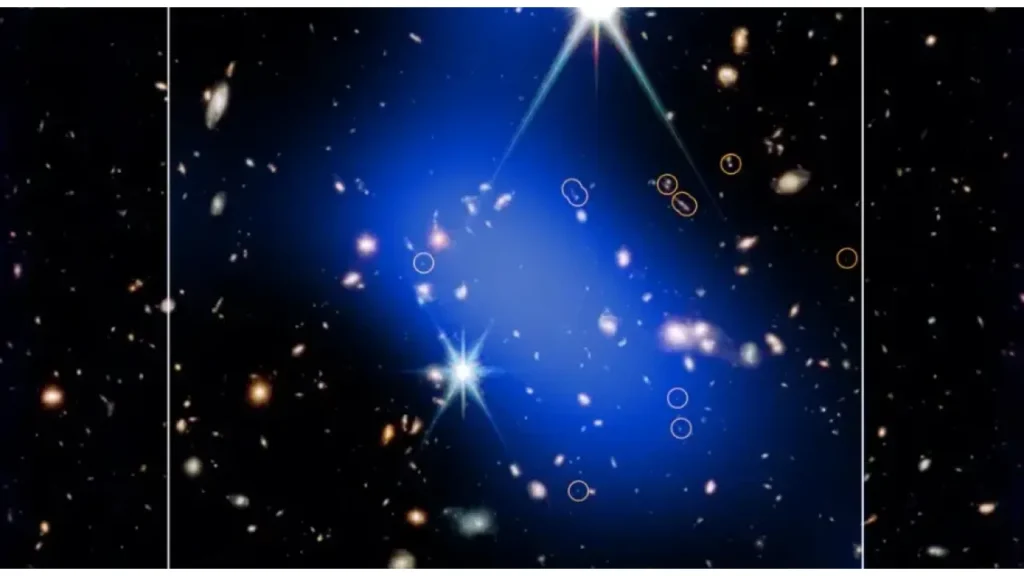 Nell'immagine gli anomali ammassi di galassie individuate grazie al lavoro congiunto di James Webb Space Telescope e Chandra.