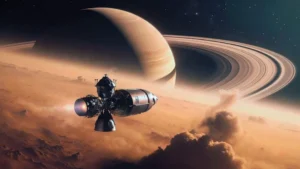 Rappresentazione artistica di viaggio stazione scientifica verso Titano con Saturno sullo sfondo