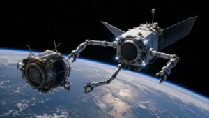Rendering artistico di un cacciatore spaziale robotico che afferra un detrito satellitare esausto in orbita attorno alla Terra