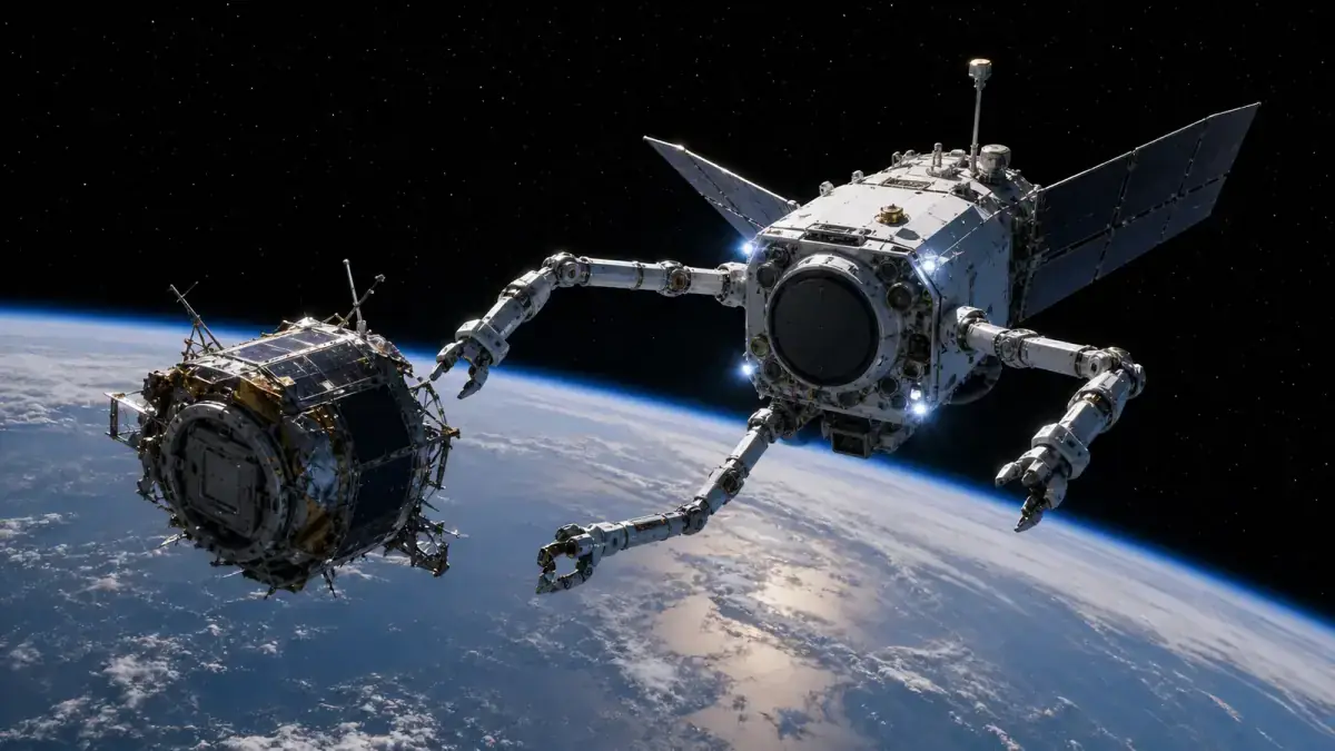 Rendering artistico di un cacciatore spaziale robotico che afferra un detrito satellitare esausto in orbita attorno alla Terra