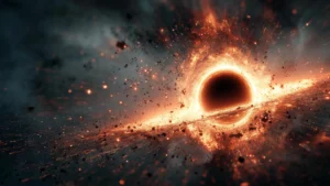 Rappresentazione artistica delle emissioni radio del buco nero risvegliato nella galassia J1007+3540 mentre i getti interagiscono con il gas del cluster