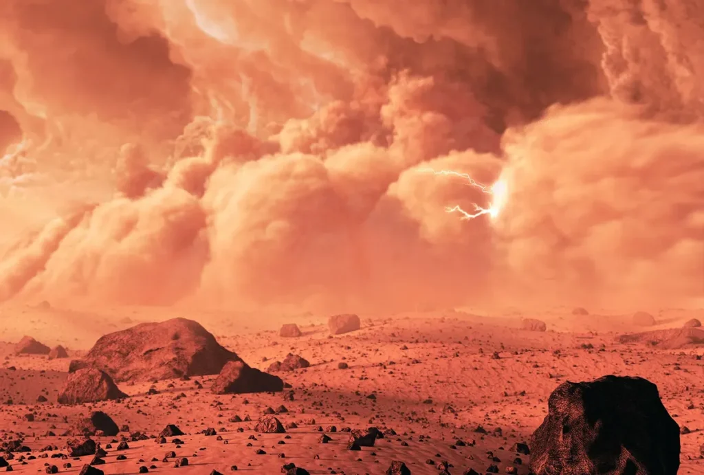 Illustrazione di una tempesta di polvere su Marte con bagliori ed elettricità statica che interagiscono con i minerali del suolo