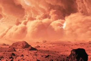 Illustrazione di una tempesta di polvere su Marte con bagliori ed elettricità statica che interagiscono con i minerali del suolo