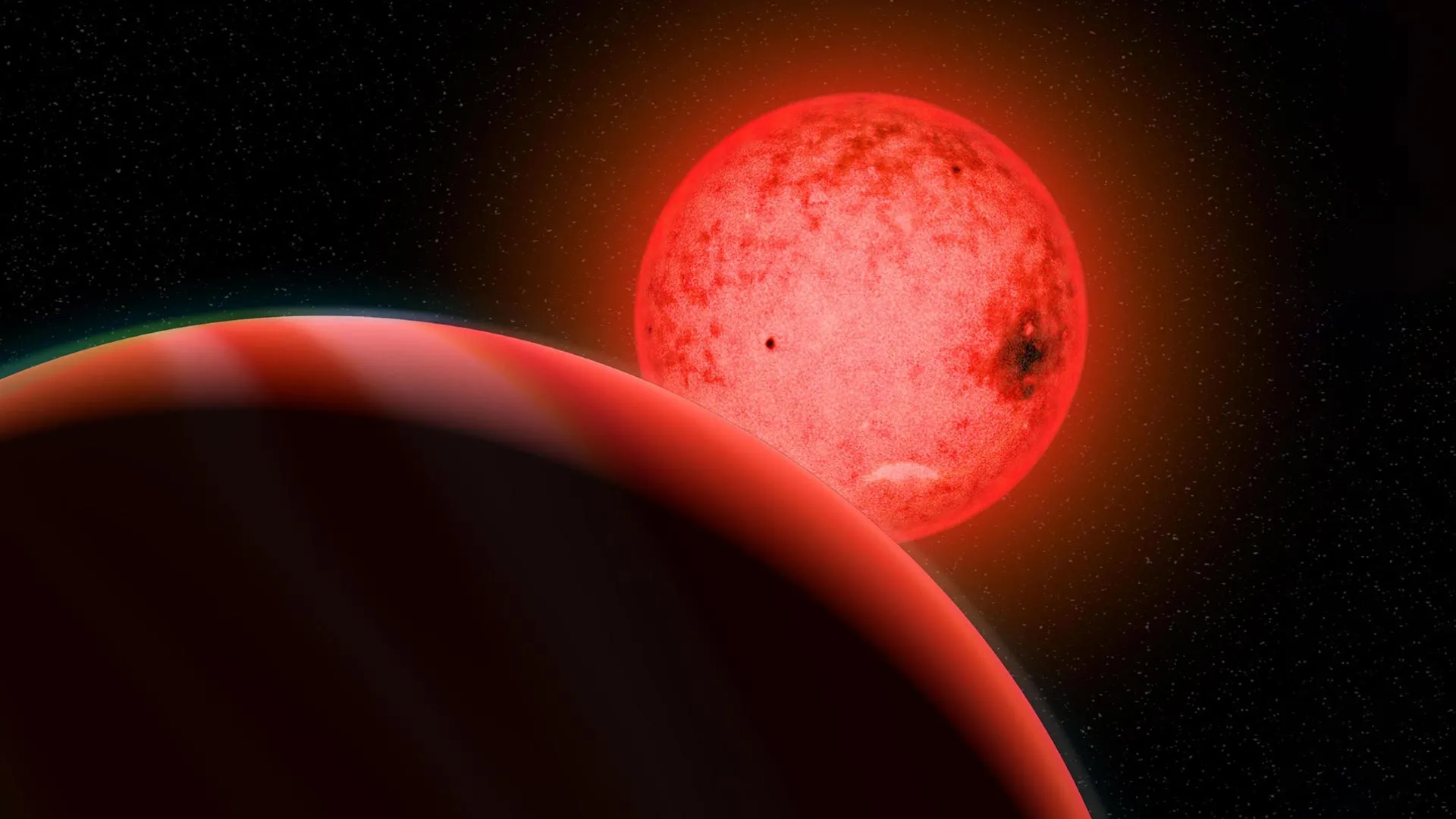 Rappresentazione artistica del grande esopianeta proibito TOI-5205b in transito davanti alla sua piccola stella nana M